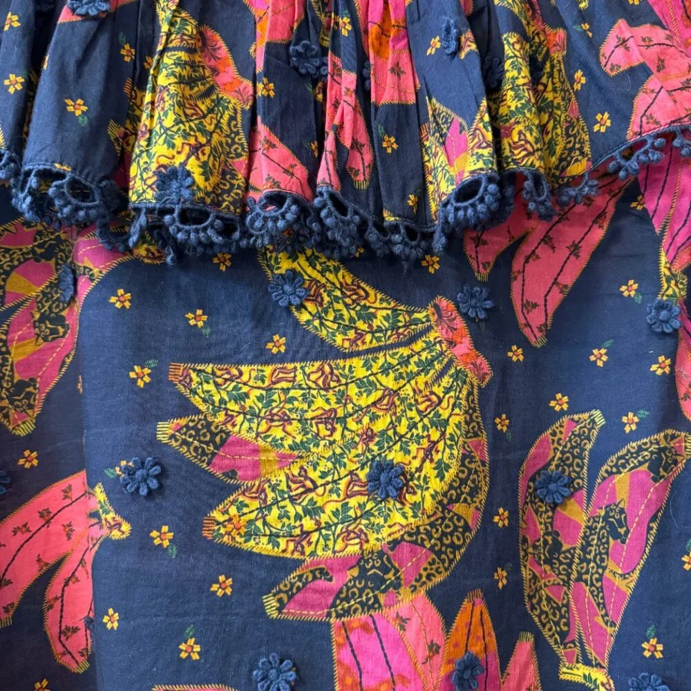 Farm Rio Patchwork Bananas Tie Front Embroidered Boho Navy Blouse Women size XS - Picture 8 of 12